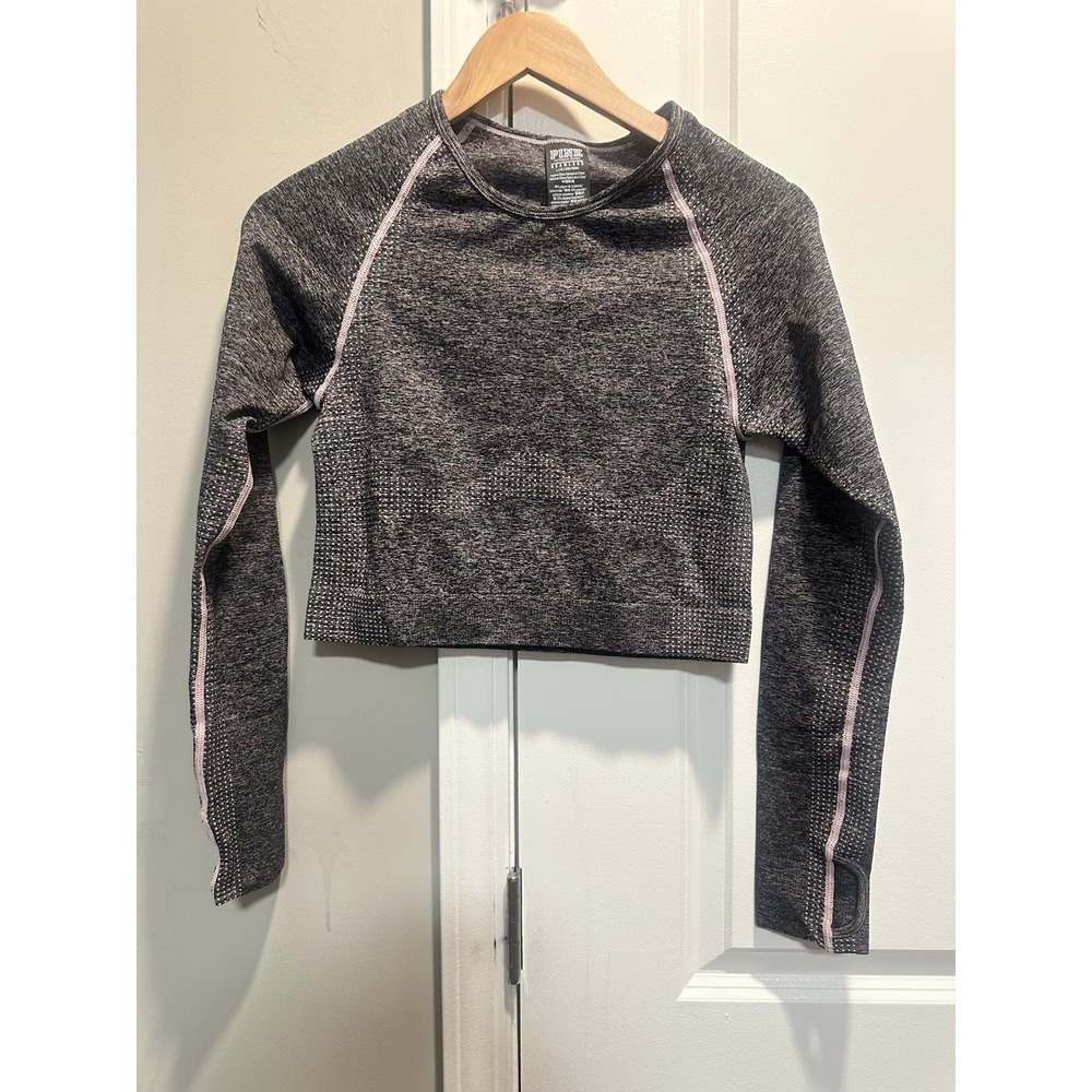 Victorias Secret Pink Seamless Crop Long Sleeve Gray‎ Pink Trim Large